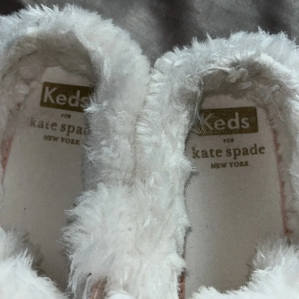Kate Spade Keds Tan Sparkle Fur Trim Slip On Tennis Shoes size 7 - Picture 8 of 9
